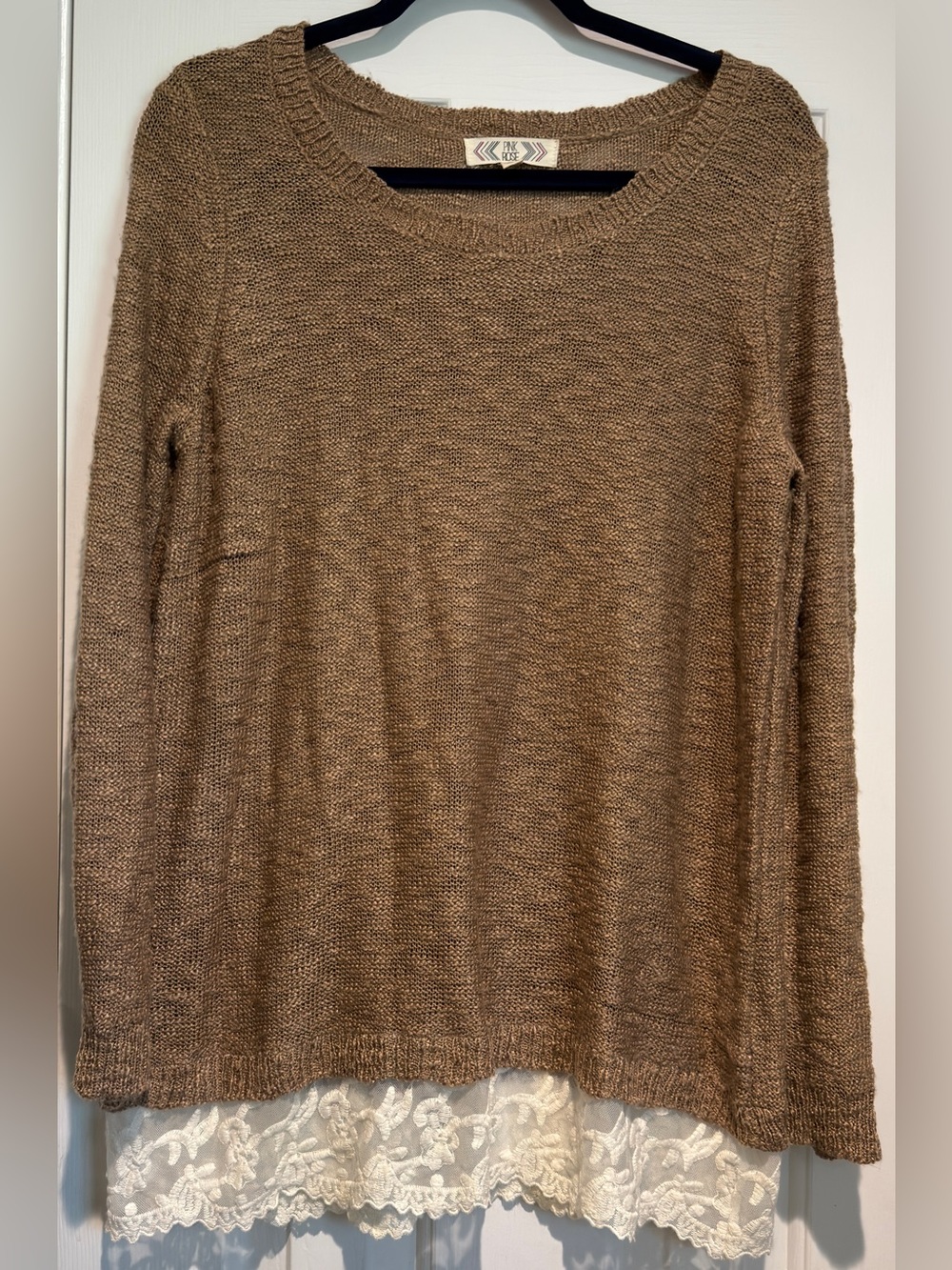 Women's Pink Rose Brown Knit Sweater w/Lace Hem Detail Size Extra Large